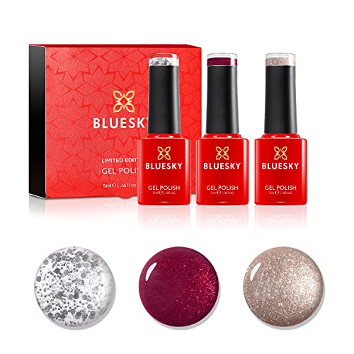BLUESKY Smalto semipermente per Unghie Kit in Gel, Christmas Trio Gift Set.3 x 5ml (Soak off UV/LED Gel) Rosso, Argento, Gold, Glitter 15 ml