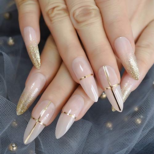 EchiQ URTJSDG Unghie Finte Punte per Unghie A Stiletto con Glitter Olografici Chiodo Extra Lungo Trasparente Lunghezza Estrema Faux Ongles con Adesivo Adesivo