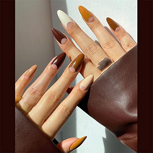 Generic Almond Long Fake Nail Cover completa con colla rimovibile marrone arancione autunno premere su unghie 24 pezzi Finger Nail Art Tips per saloni di unghie e donne fai da te Nail Art