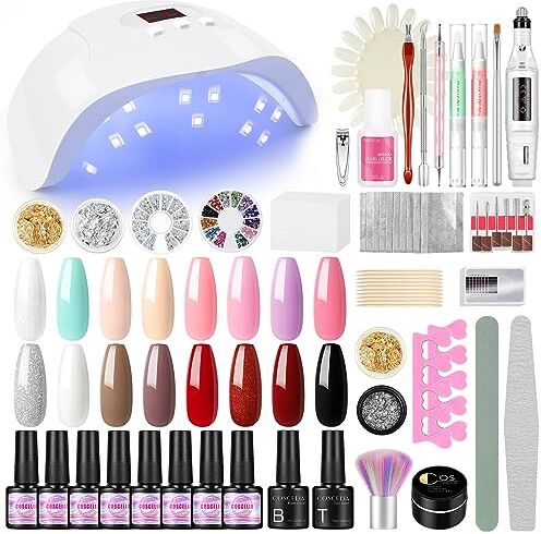 COSCELIA Kit Smalti Semipermanenti,LED+UV Lampada per Unghie con Strumenti e Decorazione Strass Starter Kit Nail Salone