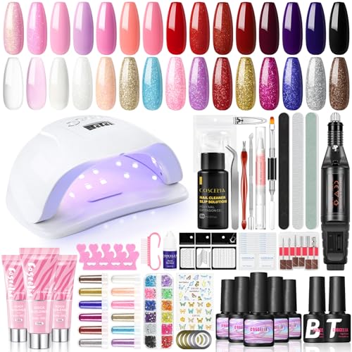 COSCELIA Kit Smalti Semipermanenti 15pcs, Kit Ricostruzione Unghie Professionale,80W UV/LED Lampada e Fresa per Unghie, Nail Art Tool