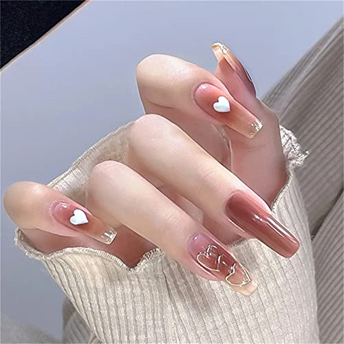 Generic Bara lunga finta copertura completa per unghie con colla rimovibile dolce cuore invernale premere sulle unghie, 24 pezzi punte per nail art per saloni di unghie e donne fai da te nail art