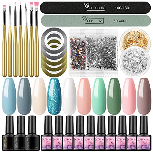 COSCELIA Set di 10 colori di smalto gel unghie con Top&Base&Matt Coat 8ML Set di smalto gel Unghie UV fai da te con pennello e lima per unghie 7PC Smalti gel