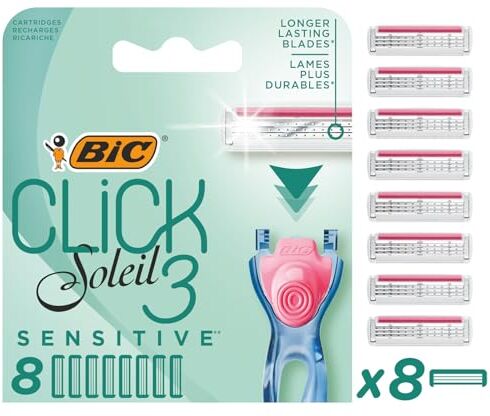 BIC Lame per rasoio da donna Click 3 Soleil Sensitive, confezione da 8 ricariche per rasoio bagnato curativo con 3 lame