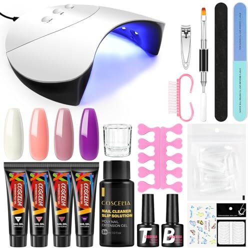 COSCELIA Poly Estensione Gel Kit con Lampada LED Slip Solution Base Top Coat con Nail Tools