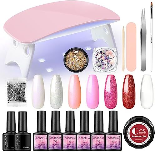 COSCELIA Kit Completo Gel Unghie 6 Colori 8ml Kit Gel Unghie Lampada per Unghie UV/LED 6W con Strumenti e Decorazioni per Nail Art fai da te