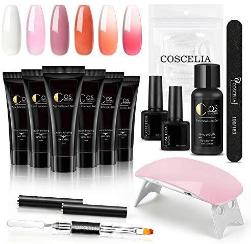 COSCELIA Kit 6pc Quick Extension Gel con Lampada 6W UV/LED, Poly Extension Gel Variazione di Temperatura, Prolunga Unghie Ricostruzione, Strumenti Completi