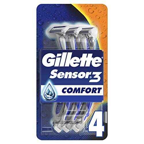 Procter & Gamble Gillette Sensor3 Comfort Disposable Razors for Men, Pack of 4, Lubrastrip with Water-Activated Comfortgel Technology, 3 Skin-Sensing Blades