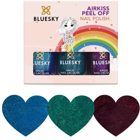 BLUESKY Set di Smalti per Unghie per Bambini, Collezione Cosmic Space Verde, oro, Rosso. Smalto per Bambini Facile da Togliere, Non Tossico, a Base di Acqua, Inodore, Set Regalo 3 X 5 ml Con Adesivi.