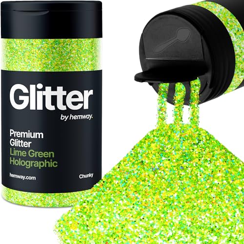 Hemway Verde Lime Olografico Porporina Chunky 130g/4.6oz Polvere Metallica Resina Artigianale Glitter Flake Paillettes per Bicchieri Epossidici, Capelli Viso Corpo Occhi Nail Art Festival