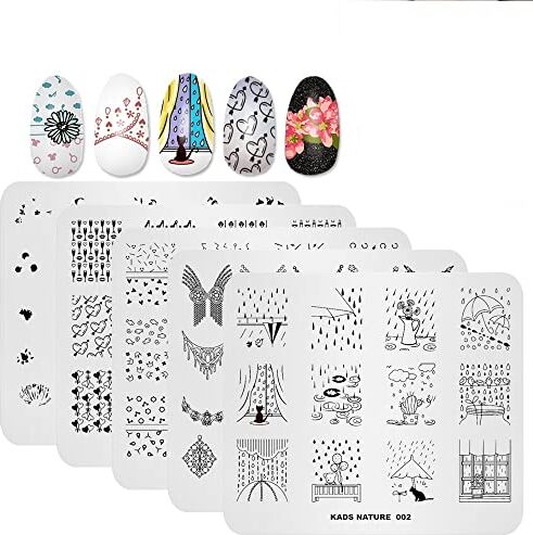 KADS Set di 5 piatti per nail art, motivo geometrico, con fiori, farfalle, coniglio, per manicure, strumenti per nail art (2)