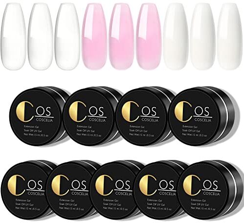 COSCELIA Gel Ricostruzione Unghie 9 * 15ML, Gel Unghie Ricostruzione Trasparente, Rosa, Bianco, Set Unghie Gel Ricostruzione Professionale