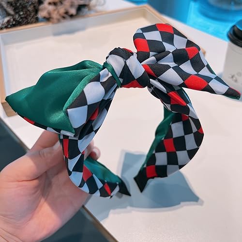 Generico Versione coreana alla moda scacchiera abbinata al colore versione grande arco tridimensionale forma concava tutto abbinato accessori per fascia da donna, F945-scacchiera nera, bianca e rossa con retr