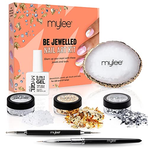 MYLEE Be Jeweled Kit per Nail Art Pennello di precisione, Penna per punteggiare unghie, Tavolozza per mescolare lo smalto gel, Builder Gel Trasparente 5 in 1, Foglia d'oro, Gemme e Perle assortite