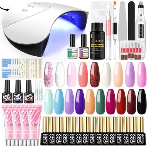 COSCELIA Set di unghie in gel da 36 W UV/LED, set di 15 colori, con 4 pezzi estensione gel unghie, set di unghie con fresa per unghie