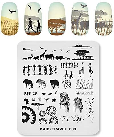 KADS , set di piatti per nail art, stencil con elefante, giraffa, leone, con supporto per astucci (TR009)