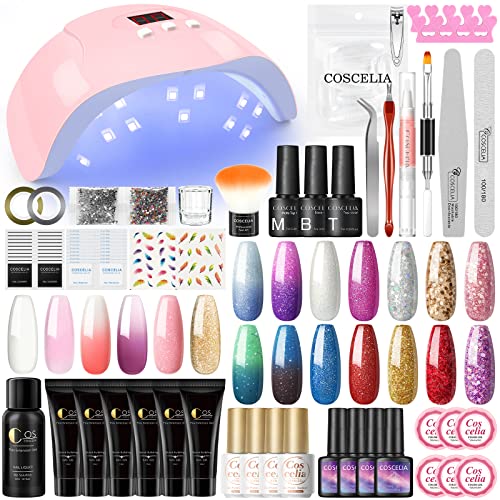 COSCELIA 6PCS Kit Ricostruzione di estensioni con 6 pezzi di gel colorato UV e lampada per unghie da 36W,Smalti Semipermanenti con top & base coat per la ricostruzione delle unghie