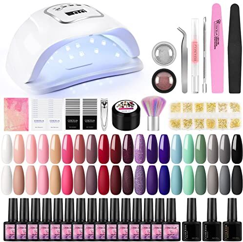 COSCELIA Kit 20pz Smalto in Gel e 110W Lampada LED+UV per Unghie Completo, Smalto in Base Coat Top Coat Matte Top Coat Gel con gli Strumenti per Manicure e Pedicure Starter Kit