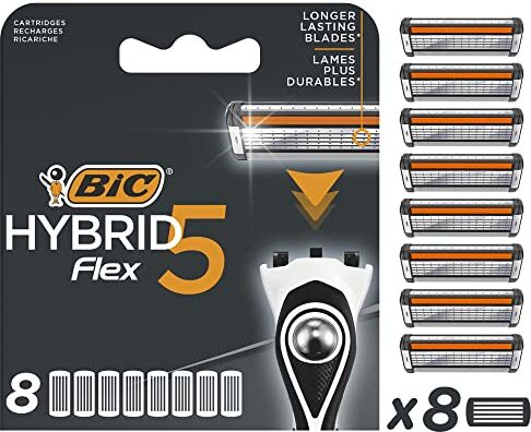 BIC Hybrid 5 Flex, Confezione da 8 testine per rasoio da uomo snodabili a 5 lame in titanio con nanotecnologia, nero/bianco