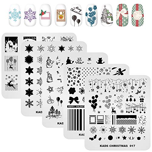 KADS Set di 5 piatti per nail art, motivo: albero di Natale, con fiocco di neve, albero di Natale, per nail art, decorazione fai da te