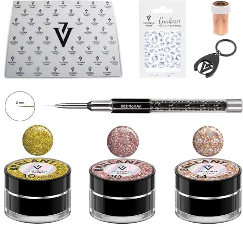 Generic Nailart Set completo – Victoria Vynn gel glitterato, pennello per nail art, cuscinetto in silicone, pellicola di trasferimento e adesivi per unghie, design creativo per la casa