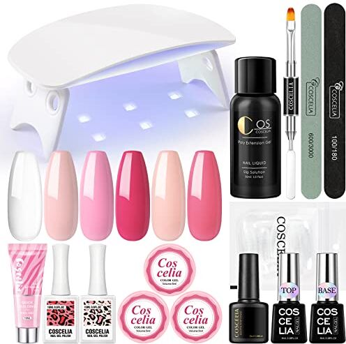 COSCELIA Kit Gel Ricostruzione Unghie UV MINI UV/LED Lampada Gel estensioni Unghie con base e top Coat, Gel unghie Kit completo Poli Nail Estensione Gel nail art