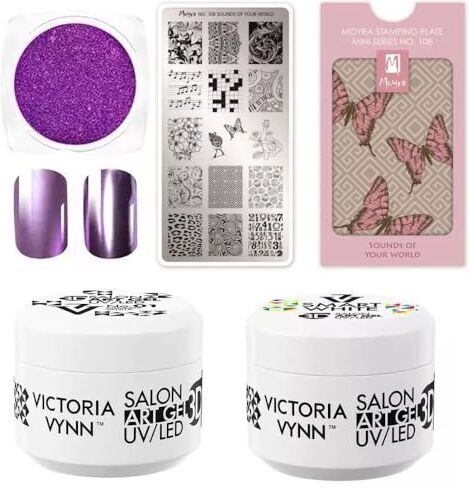 Generic Set per manicure esclusivo: piastra per timbri Moyra, Victoria Vynn Art Gel & Metallic Lilac Glitter Polvere – Collettivo professionale Nail Art