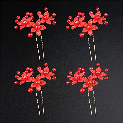 YXBOMG 4pcs Fiore Rosso Forcine Antiche Capelli Ornamento Fata Perla Bastoni Per Capelli Pettine Spille Per Capelli Fatto A Mano Cinese Hanfu Vintage Copricapo