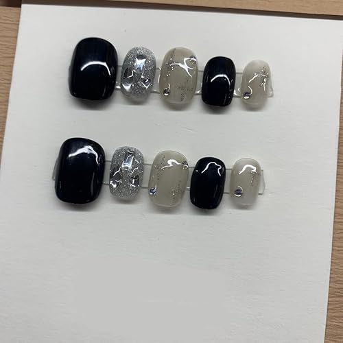 Generico Nail art fatta a mano, con toppe for unghie finte, diamante nero scintillante finito, pezzi corti tinti in alone, 10 pezzi (Color : M)