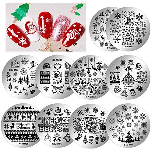 HOWAF Piatti per nail art natalizi Babbo Natale con fiocco di neve Modelli per timbri con immagine Stampaggio fai da te Stampa Manicure Salon Design 10 Stencil per manicure