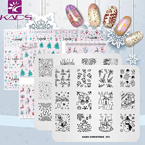 KADS 2 pz Natale Nail Stamping Plate + 2pcs 3D Nail Sticker Template Image Design Piatti per Nail Art Decoration e DIY Nail Art adesivo ail