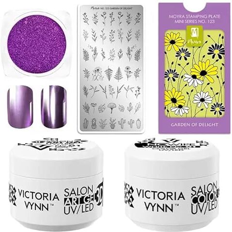 Generic Moyra Mini set di timbri da giardino Victoria Vynn Art Gel 3D UV/LED bianco e viola metallizzato, set professionale per nail art