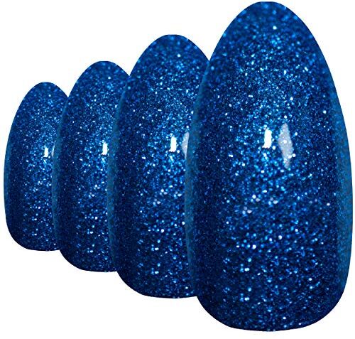 ART Unghie finte  Stiletto Blu Gel 24 Mandorla Lunghe punte in acrilico con colla