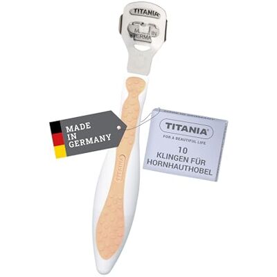 TITANIA Rimozione calli piedi con 10 lame di ricambio • Rimuovi calli in acciaio inox inossidabile • Leva calli di qualità • Made in Germany • Tagliacalli albicocca TITANIA Rimozione calli piedi con 10 lame di ricambio • Rimuovi calli in acciaio inox inossidabile • Leva calli di qualità • Made in Germany • Tagliacalli albicocca