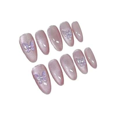 OUADGER Unghie Finte Indossabili Fatte A Mano Con Farfalla Di Cristallo Di Ghiaccio Glitter Rosa Cat Eye Blush Mandorle Press On Nails Decorazioni Per Manicure(L) OUADGER Unghie Finte Indossabili Fatte A Mano Con Farfalla Di Cristallo Di Ghiaccio Glitter Rosa Cat Eye Blush Mandorle Press On Nails Decorazioni Per Manicure(L)