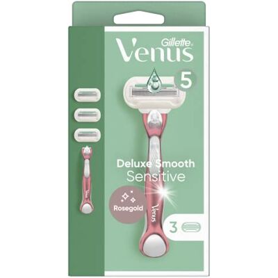 Gillette Deluxe Smooth Sensitive, rasoio da donna, 3 pezzi, inserti per rasoio a 5 lame dure, come un diamante Gillette Deluxe Smooth Sensitive, rasoio da donna, 3 pezzi, inserti per rasoio a 5 lame dure, come un diamante