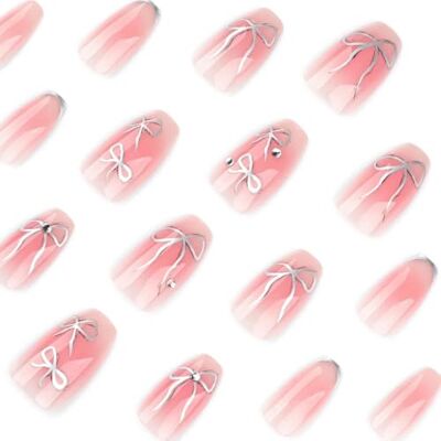 OUADGER 24 Pz Blush Indossabile Argento Bowknots Disegni Breve Ballet Press On Nails Bordo Argento Unghie Finte Stile Coreano Decorazioni Per Manicure(Y1) OUADGER 24 Pz Blush Indossabile Argento Bowknots Disegni Breve Ballet Press On Nails Bordo Argento Unghie Finte Stile Coreano Decorazioni Per Manicure(Y1)
