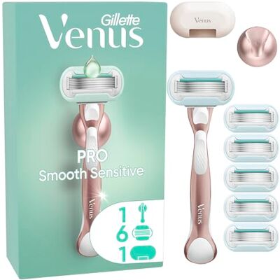 Gillette Pro Smooth Sensitive Rasoio Donna a 5 Lame per Pelli Sensibili con 6 Lamette da Donna di Ricambio, Manico in Metallo Riutilizzabile, Gancio per la Doccia e Copertura da Viaggio Pezzi Gillette Pro Smooth Sensitive Rasoio Donna a 5 Lame per Pelli Sensibili con 6 Lamette da Donna di Ricambio, Manico in Metallo Riutilizzabile, Gancio per la Doccia e Copertura da Viaggio Pezzi