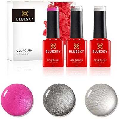 BLUESKY Smalto semipermente per Unghie Kit in Gel, Chrome Shock. Silver Chrome 80532, Titanium A032, Future Fuchsia 80614. 3 X 5Ml. (Soak off UV/LED Gel) Grigio, Argento 15 ml BLUESKY Smalto semipermente per Unghie Kit in Gel, Chrome Shock. Silver Chrome 80532, Titanium A032, Future Fuchsia 80614. 3 X 5Ml. (Soak off UV/LED Gel) Grigio, Argento 15 ml