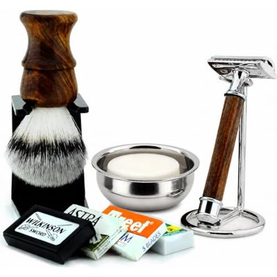 Haryali London Kit regalo da barba da uomo in legno, 7 pezzi, rasoio di sicurezza classico, spazzola sintetica per schiuma da barba ricca Ciotola da barba in legno con manico leggero in legno per sapone Haryali London Kit regalo da barba da uomo in legno, 7 pezzi, rasoio di sicurezza classico, spazzola sintetica per schiuma da barba ricca Ciotola da barba in legno con manico leggero in legno per sapone
