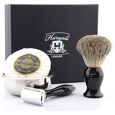Haryali London De Rasoio di Sicurezza Set Regalo With 4 Diversi Oggetto in Nero (Nero Pennello da Barba in Tasso, De Rasoio di Sicurezza (Lame Non Incluse), Haryali London De Rasoio di Sicurezza Set Regalo With 4 Diversi Oggetto in Nero (Nero Pennello da Barba in Tasso, De Rasoio di Sicurezza (Lame Non Incluse),