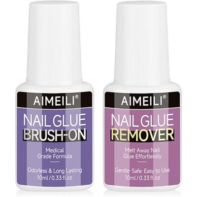 AIMEILI Colla e Solvente per Unghie Finte Nail Glue and Remover 2 x 10 ml Colla per Unghie Senza Lampada, Glue Unghie per Tips, Colla per Tip con Pennello, Formula Delicata, Non Irrita le Unghie AIMEILI Colla e Solvente per Unghie Finte Nail Glue and Remover 2 x 10 ml Colla per Unghie Senza Lampada, Glue Unghie per Tips, Colla per Tip con Pennello, Formula Delicata, Non Irrita le Unghie