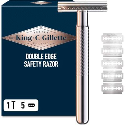 Gillette Rasoio di sicurezza a doppio bordo, lame rivestite in platino, classico rasoio di sicurezza per una rasatura fluida, con 5 lame di ricambio Gillette Rasoio di sicurezza a doppio bordo, lame rivestite in platino, classico rasoio di sicurezza per una rasatura fluida, con 5 lame di ricambio