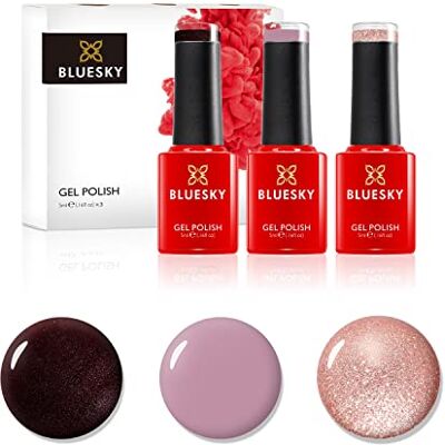 BLUESKY Smalto semipermente per Unghie Kit in Gel, Winter Pinks. Dark Burgundy A007, Musk Pink A044, You'Re A Gem Platinum 20. 3 X 5ml (Soak off UV/LED Gel) Argento, Glitter 15 ml BLUESKY Smalto semipermente per Unghie Kit in Gel, Winter Pinks. Dark Burgundy A007, Musk Pink A044, You'Re A Gem Platinum 20. 3 X 5ml (Soak off UV/LED Gel) Argento, Glitter 15 ml