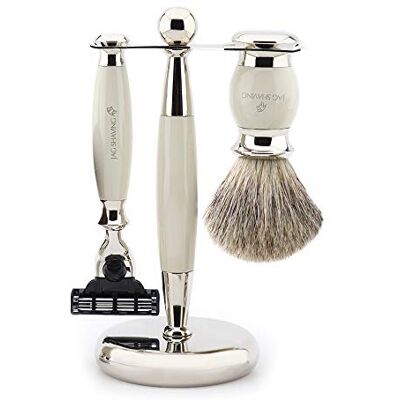 Haryali London , Set da barba uomo 3 pezzi, kit rasatura uomo con rasoio 3 lame, pennello da barba tasso e supporto, set rasatura classica completo, set regalo uomo barba elegante avorio Haryali London , Set da barba uomo 3 pezzi, kit rasatura uomo con rasoio 3 lame, pennello da barba tasso e supporto, set rasatura classica completo, set regalo uomo barba elegante avorio