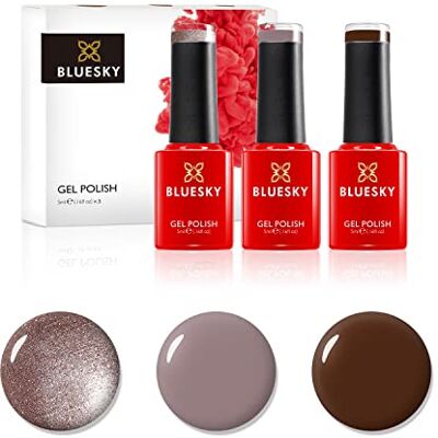 BLUESKY Smalto semipermente per Unghie Kit in Gel, Chocolate Box. Faux Fur 80538, Satin Robe Qxg313, Mocha A008. 3 x 5ml (Soak off UV/LED Gel) Marrone 15 ml BLUESKY Smalto semipermente per Unghie Kit in Gel, Chocolate Box. Faux Fur 80538, Satin Robe Qxg313, Mocha A008. 3 x 5ml (Soak off UV/LED Gel) Marrone 15 ml