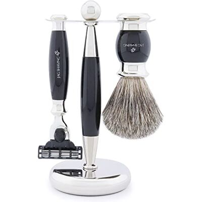 Haryali London Jag Shaving Set da barba da 3 pezzi con pennello da barba, 3 lamette da rasoio, pennello da barba super per capelli di tasso – supporto per rasatura – set da barba nero come set regalo Haryali London Jag Shaving Set da barba da 3 pezzi con pennello da barba, 3 lamette da rasoio, pennello da barba super per capelli di tasso – supporto per rasatura – set da barba nero come set regalo
