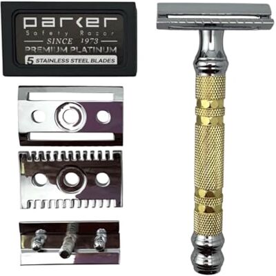 Convertible Doppia Testa Rasoio di sicurezza (aperti e chiusi pettine testa) e 5 Parker Lame da Rasoio Convertible Doppia Testa Rasoio di sicurezza (aperti e chiusi pettine testa) e 5 Parker Lame da Rasoio