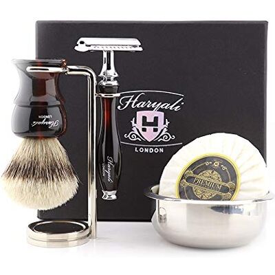 Haryali London Rasoio di sicurezza a doppio bordo con spazzola per capelli con tasso, supporto, sapone e ciotola kit da barba per uomo perfetto regalo di Capodanno Haryali London Rasoio di sicurezza a doppio bordo con spazzola per capelli con tasso, supporto, sapone e ciotola kit da barba per uomo perfetto regalo di Capodanno