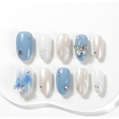 Sun Unghie finte fatte a mano, corte e rotonde, colore azzurro, bianco perlato, farfalla, strass, lucide, 10 pezzi (#320 L) Sun Unghie finte fatte a mano, corte e rotonde, colore azzurro, bianco perlato, farfalla, strass, lucide, 10 pezzi (#320 L)
